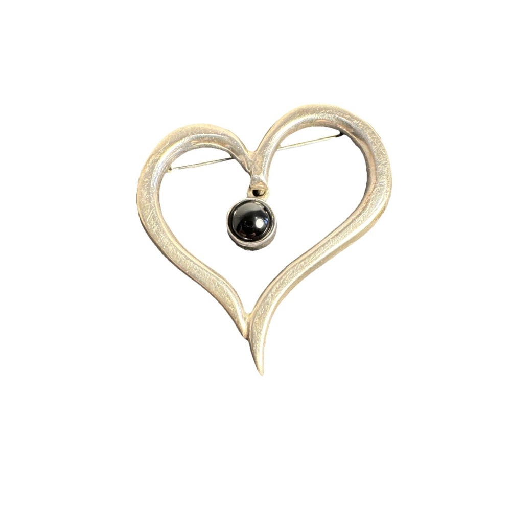 925‎ SILVER OPEN CENTER HEART BROOCH Scarf Hat Pin Black Onyx Dangle 1.75"